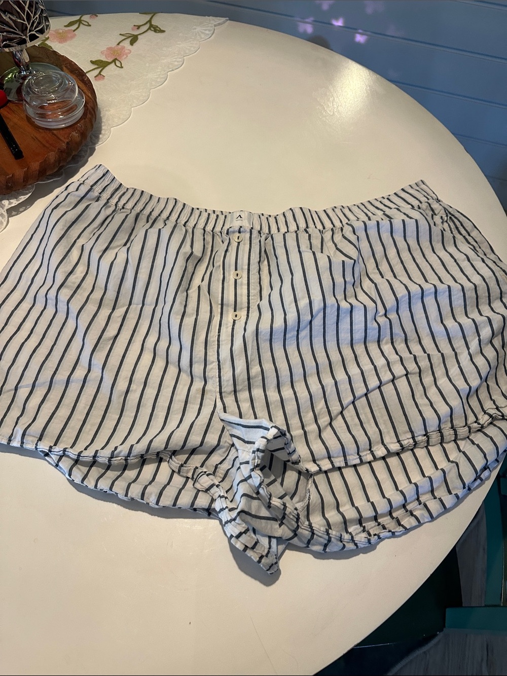 Anthropologie White and Navy Striped Cotton Sleep Shorts